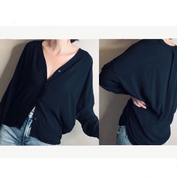 Sz S- Aritzia Wilfred Free Black V-Neck Button up Oversize Breezy‎ Summer Blouse - Picture 1 of 8